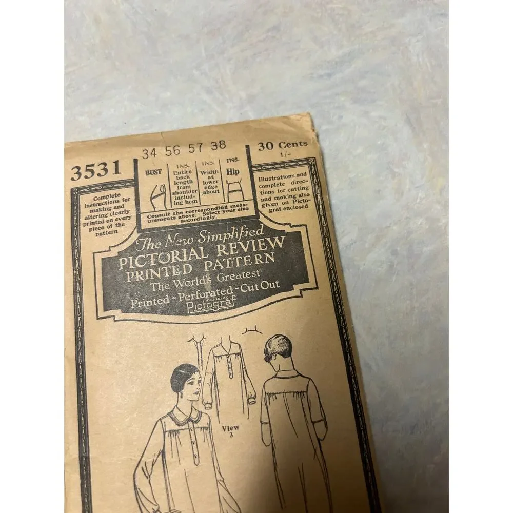 Antique 1920's-30's Pictorial Review Pattern #3531 Ladies‎ Nightgown